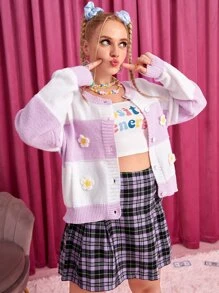 SHEIN Cárdigan de color combinado con patrón floral de hombros caídos - Multicolor - Ver 1