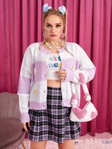 SHEIN Cárdigan de color combinado con patrón floral de hombros caídos - Multicolor - Ver 5