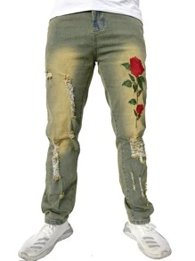 ROMWE MEN Guys Floral Embroidery Ripped Jeans - Multicolor - View 1
