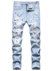 ROMWE MEN 男士破洞牛仔褲 - 淺色水洗藍 - 查看 1