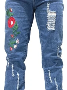 ROMWE MEN Guys Floral Embroidery Ripped Jeans - Medium Wash - View 5