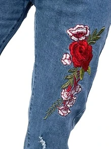 ROMWE MEN Hombres Jeans desgarro con bordado floral - Azul lavado medio - Ver 3