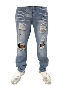 ROMWE MEN Hombres Jeans rotos con estampado de dibujo - Lavado ligero - Ver 1