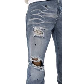 ROMWE MEN Hombres Jeans rotos con estampado de dibujo - Lavado ligero - Ver 4