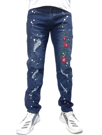 ROMWE MEN Guys Floral Embroidery Ripped Jeans
