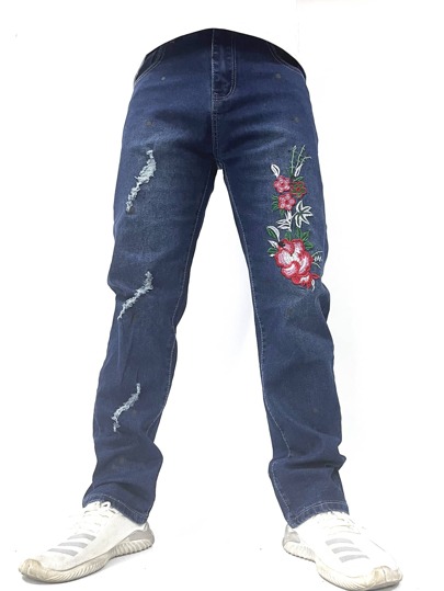 Homme Jean déchiré brodé fleur