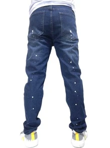 ROMWE MEN Hombres Jeans desgarro con bordado floral - Azul lavado oscuro - Ver 2