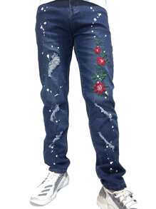 ROMWE MEN Hombres Jeans desgarro con bordado floral - Azul lavado oscuro - Ver 3