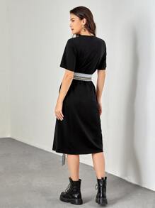 SHEIN Geo Belted Round Neck Tee Dress - Black - View 2
