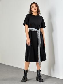 SHEIN Geo Belted Round Neck Tee Dress - Black - View 3