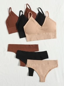 3sets Rib Longline Seamless Lingerie Set - Multicolor - View 5