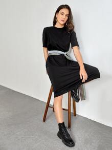 SHEIN Geo Belted Round Neck Tee Dress - Black - View 4