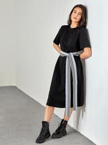 SHEIN Geo Belted Round Neck Tee Dress - Black - View 5