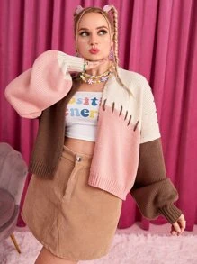 SHEIN 大碼拼色落肩袖開襟衫 - 彩色 - 查看 1