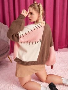 SHEIN 大碼拼色落肩袖開襟衫 - 彩色 - 查看 2