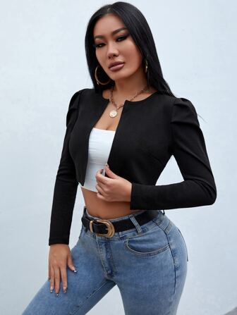 SHEIN PETITE Puff Sleeve Open Front Crop Jacket