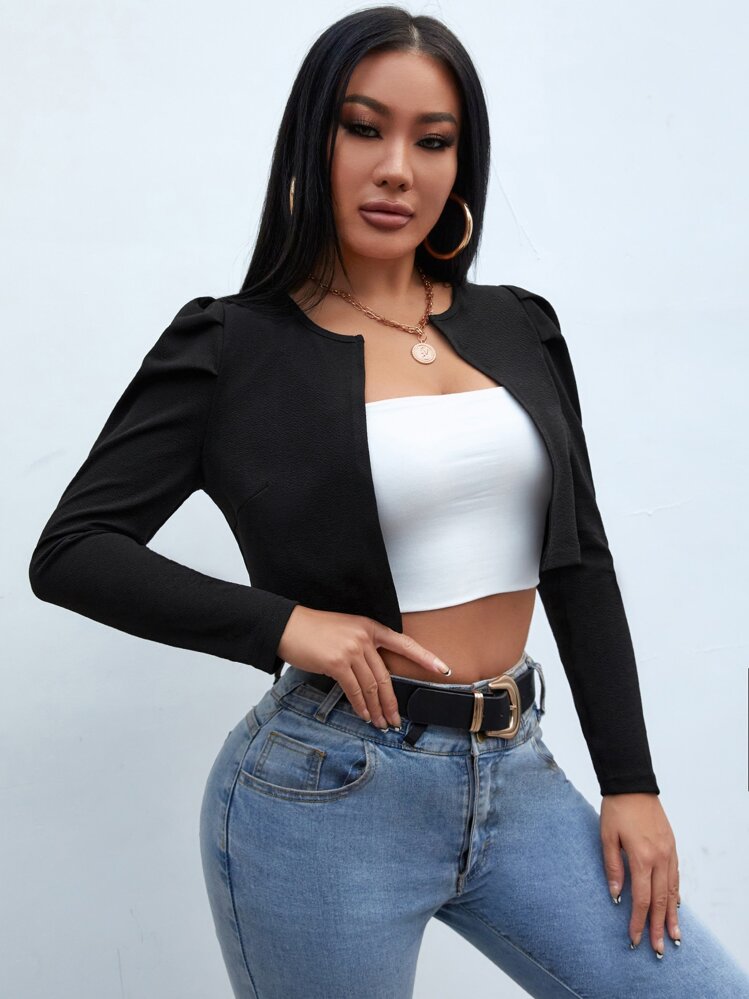 SHEIN PETITE Puff Sleeve Open Front Crop Jacket In Fall/Winter - Black - View 3