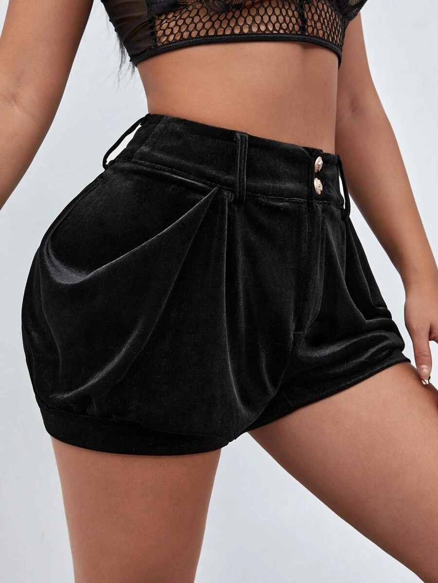 高腰垂墜絲絨短褲 - 黑色 - 查看 1