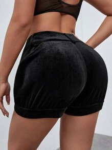 高腰垂墜絲絨短褲 - 黑色 - 查看 2