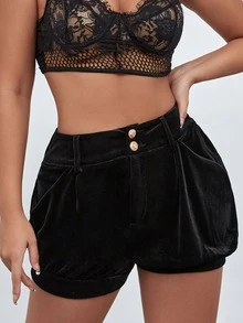 高腰垂墜絲絨短褲 - 黑色 - 查看 5