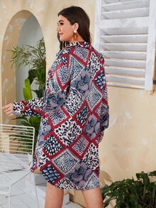 SHEIN Plus Paisley & Leopard Print Roll Tab Sleeve Dress Without Belt - Multicolor - View 2