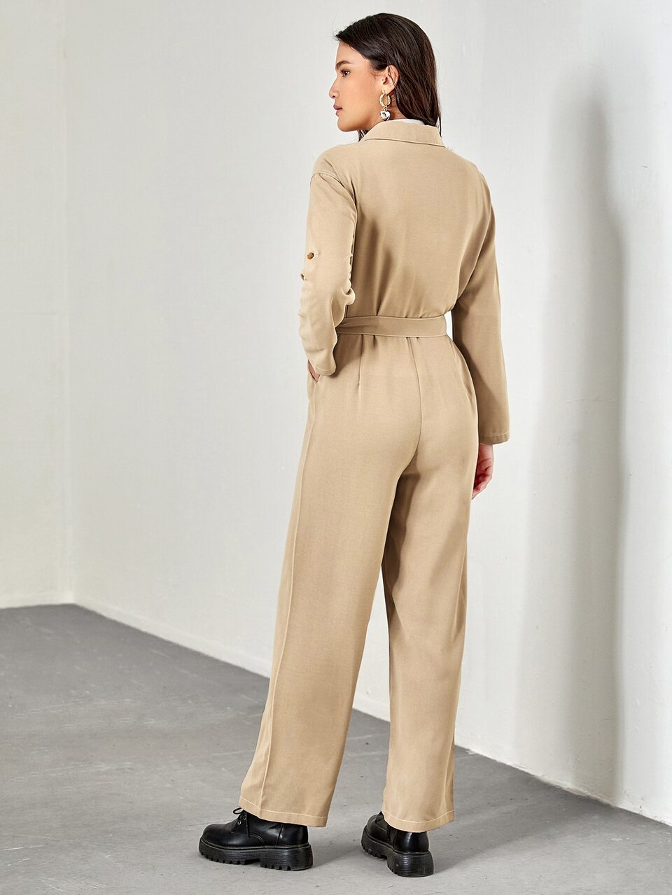 Roll Tab Sleeve Belted Jumpsuit