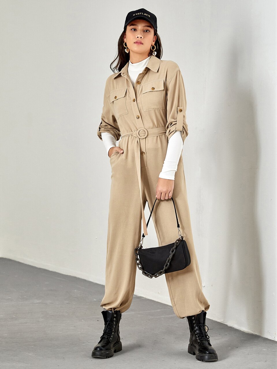 Roll Tab Sleeve Belted Jumpsuit