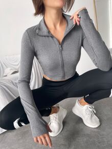 Gameset SHEIN Sport Áo khoác thể thao dệt kim có dây kéo phía trước thoáng khí - Màu xám đen - Xem 1