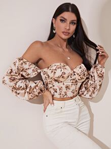 Chiquease Top corto de hombros descubiertos con estampado floral de manga farol