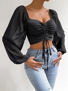 Breezaya Sweetheart Neck Drawstring Lantern Sleeve Crop Top Fall Cloth For Women - Black - View 5