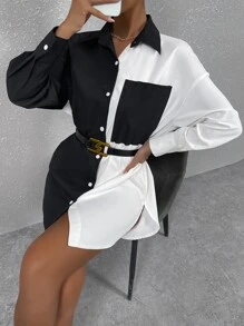 SHEIN LUNE Áo sơ mi thường ngày màu tương phản đen trắng dành cho nữ, phù hợp cho mùa hè - Đen và trắng - Xem 1