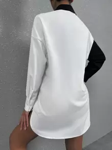 SHEIN LUNE Áo sơ mi thường ngày màu tương phản đen trắng dành cho nữ, phù hợp cho mùa hè - Đen và trắng - Xem 5