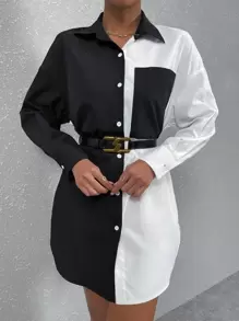 SHEIN LUNE Áo sơ mi thường ngày màu tương phản đen trắng dành cho nữ, phù hợp cho mùa hè - Đen và trắng - Xem 6