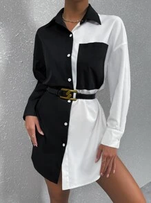 SHEIN LUNE Áo sơ mi thường ngày màu tương phản đen trắng dành cho nữ, phù hợp cho mùa hè - Đen và trắng - Xem 2