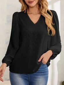 Swiss Dot Puff Sleeve V Neck Blouse - Black - View 1