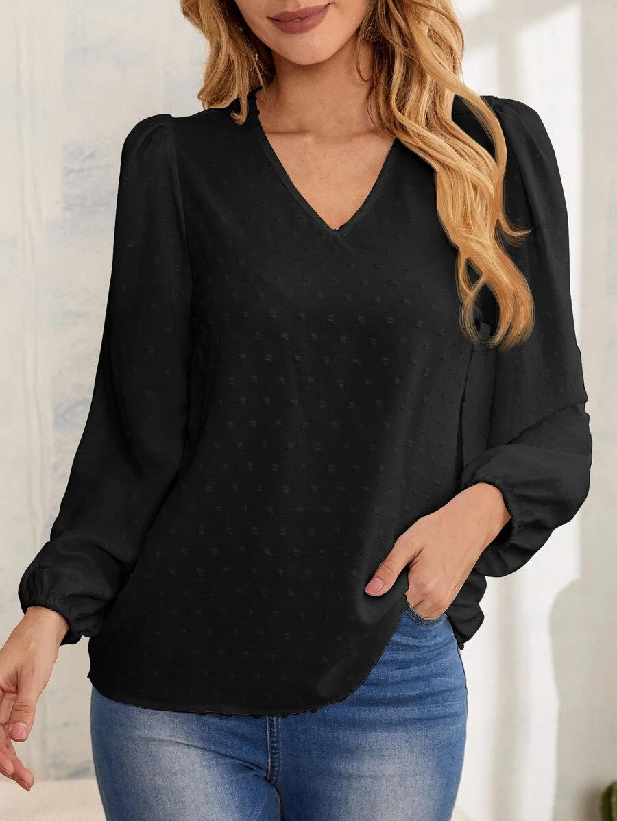 Swiss Dot Puff Sleeve V Neck Blouse - Black - View 1