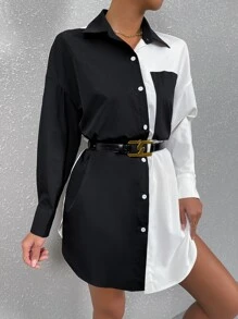 SHEIN LUNE Áo sơ mi thường ngày màu tương phản đen trắng dành cho nữ, phù hợp cho mùa hè - Đen và trắng - Xem 7