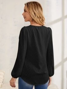 Swiss Dot Puff Sleeve V Neck Blouse - Black - View 2