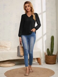 Swiss Dot Puff Sleeve V Neck Blouse - Black - View 3