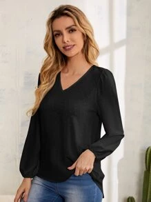 Swiss Dot Puff Sleeve V Neck Blouse - Black - View 4