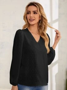Swiss Dot Puff Sleeve V Neck Blouse - Black - View 5