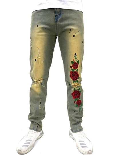 Homme Jean déchiré brodé fleur