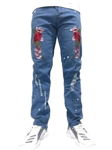 ROMWE MEN Quần Jeans Nam Nghề thêu Bị tách Denim mùa giặt Hoa - Rửa trung bình - Xem 1