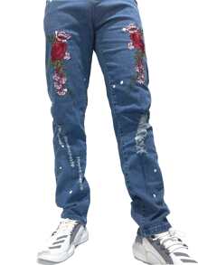 ROMWE MEN Quần Jeans Nam Nghề thêu Bị tách Denim mùa giặt Hoa - Rửa trung bình - Xem 3