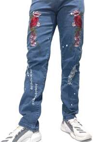 ROMWE MEN Quần Jeans Nam Nghề thêu Bị tách Denim mùa giặt Hoa - Rửa trung bình - Xem 4