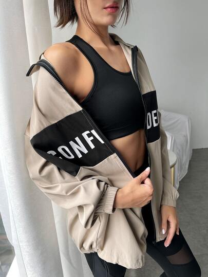 Easithlete Colorblock Letter Grafisk Dragkedja Front Sport Jacka