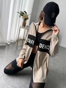 Easithlete Colorblock Letter Graphic Zipper Front Sports Jacket