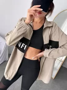 Easithlete Colorblock Letter Graphic Zipper Front Sports Jacket