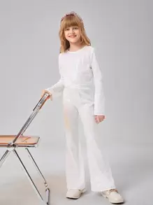 SHEIN Girls Sequin Top & Flare Leg Trousers - White - View 1