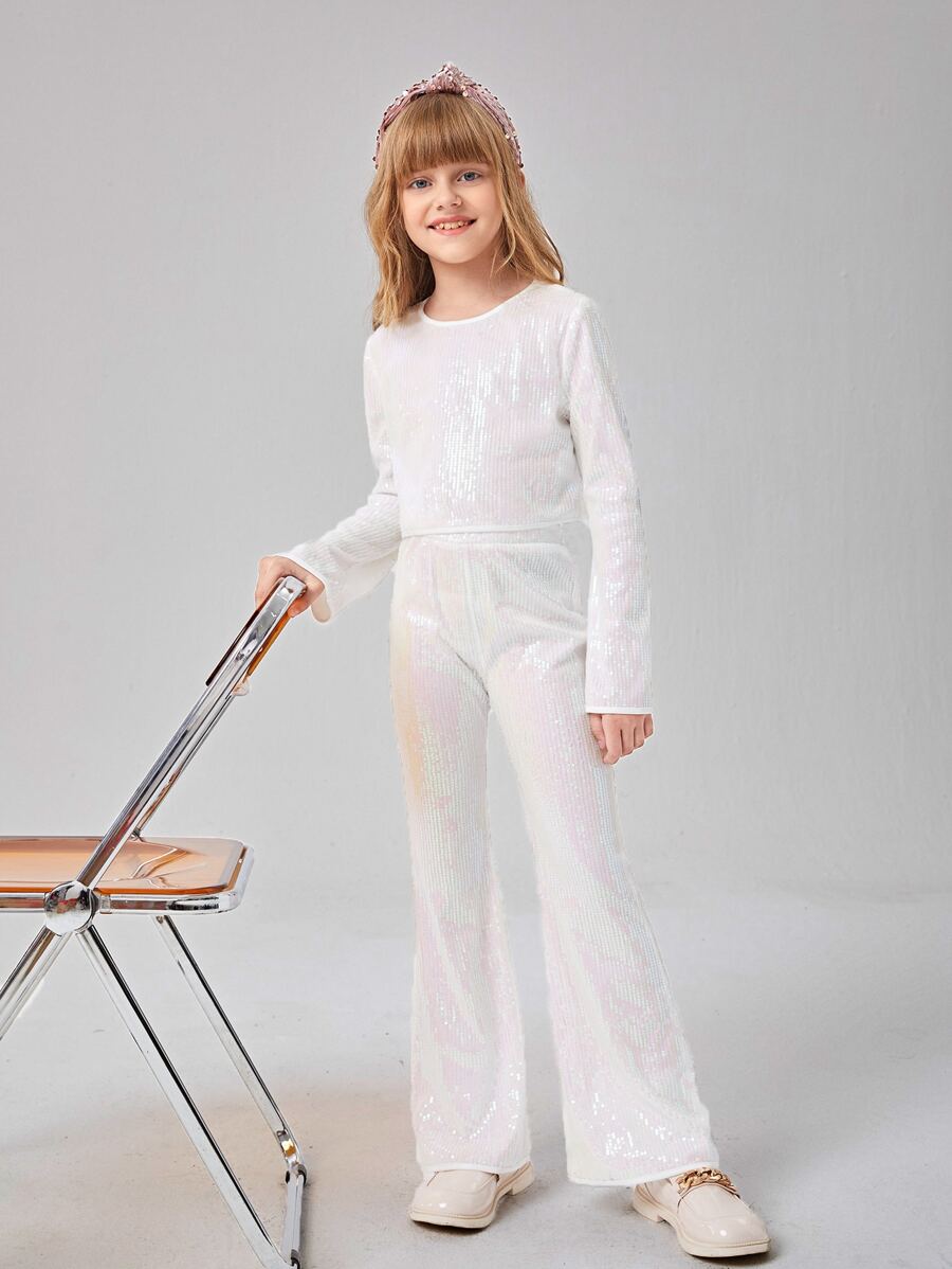 SHEIN Girls Sequin Top & Flare Leg Trousers - White - View 1